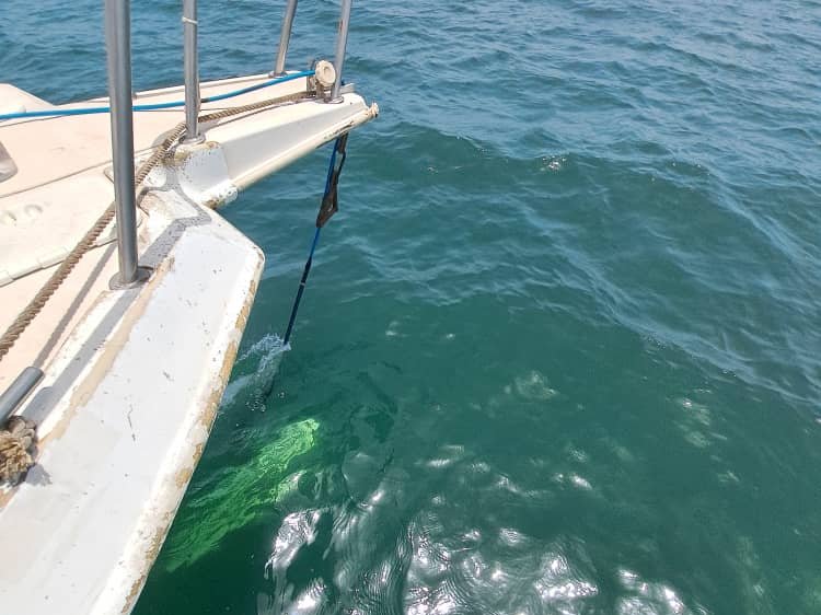 A side-scan towfish rigged at the bow of a launch, in shallow clear water