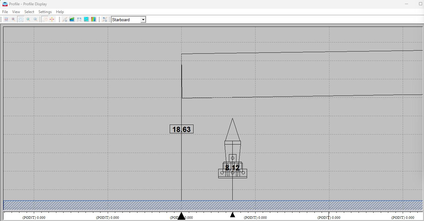 Survey software profile view: the reef module’s position and height above the seabed, read live as the crane lowers it